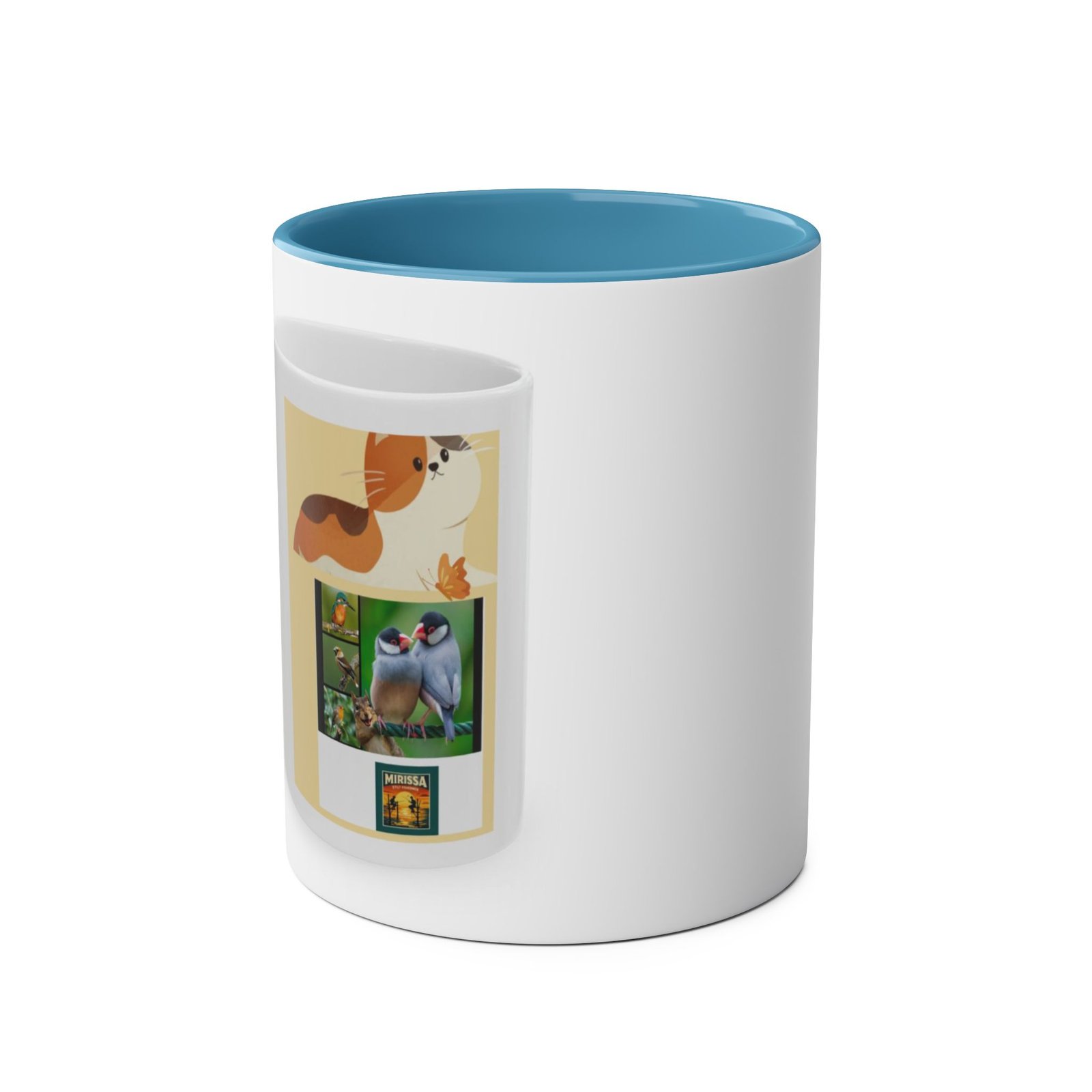 Cat & Bird Collage Two-Tone Coffee Mug — 11oz