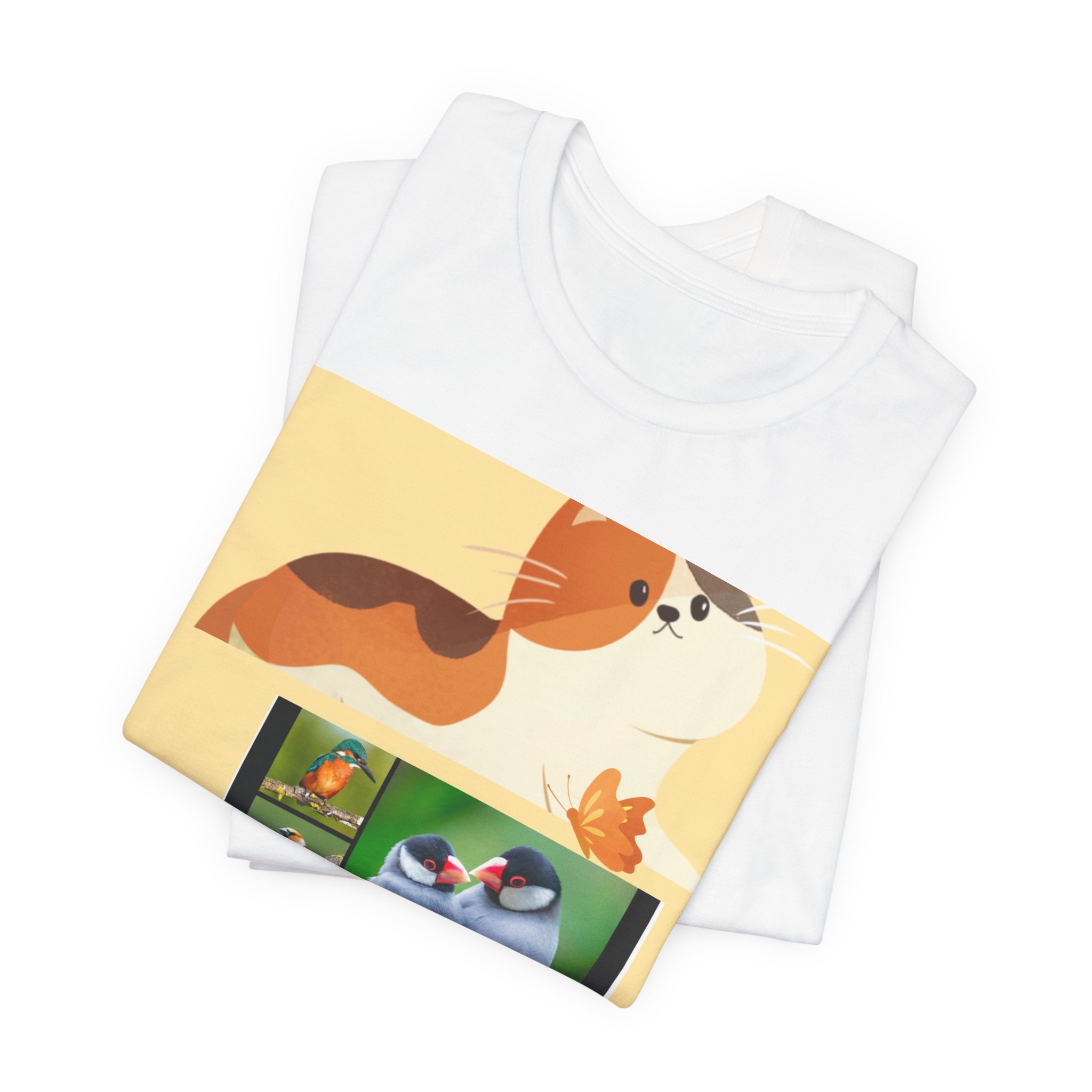 Bird & Cat Collage T-Shirt — Cute Songbird and Kitten Illustration Tee - Image 3