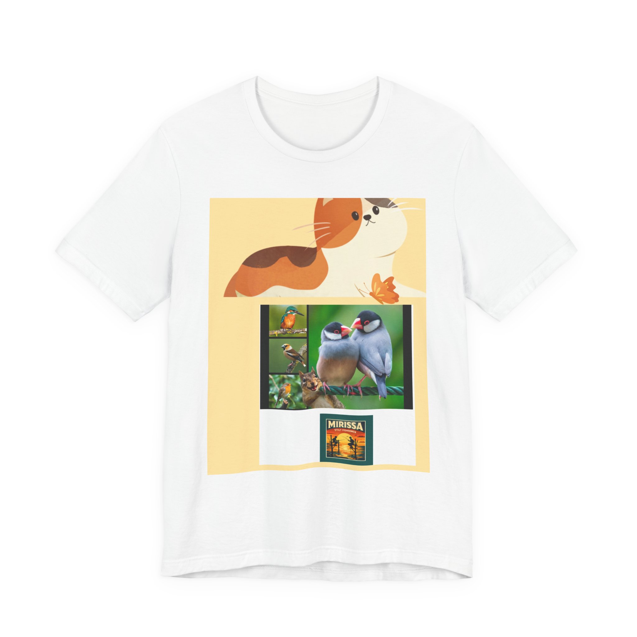 Bird & Cat Collage T-Shirt — Cute Songbird and Kitten Illustration Tee