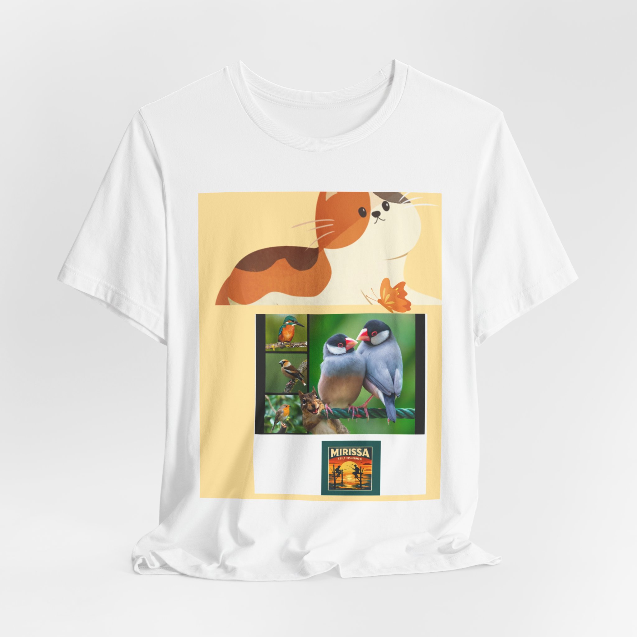 Bird & Cat Collage T-Shirt — Cute Songbird and Kitten Illustration Tee - Image 4