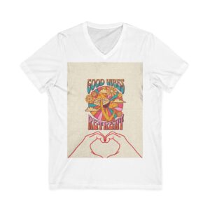 Good Vibes Retreat V-Neck Tee — Retro Flower Power Heart Graphic