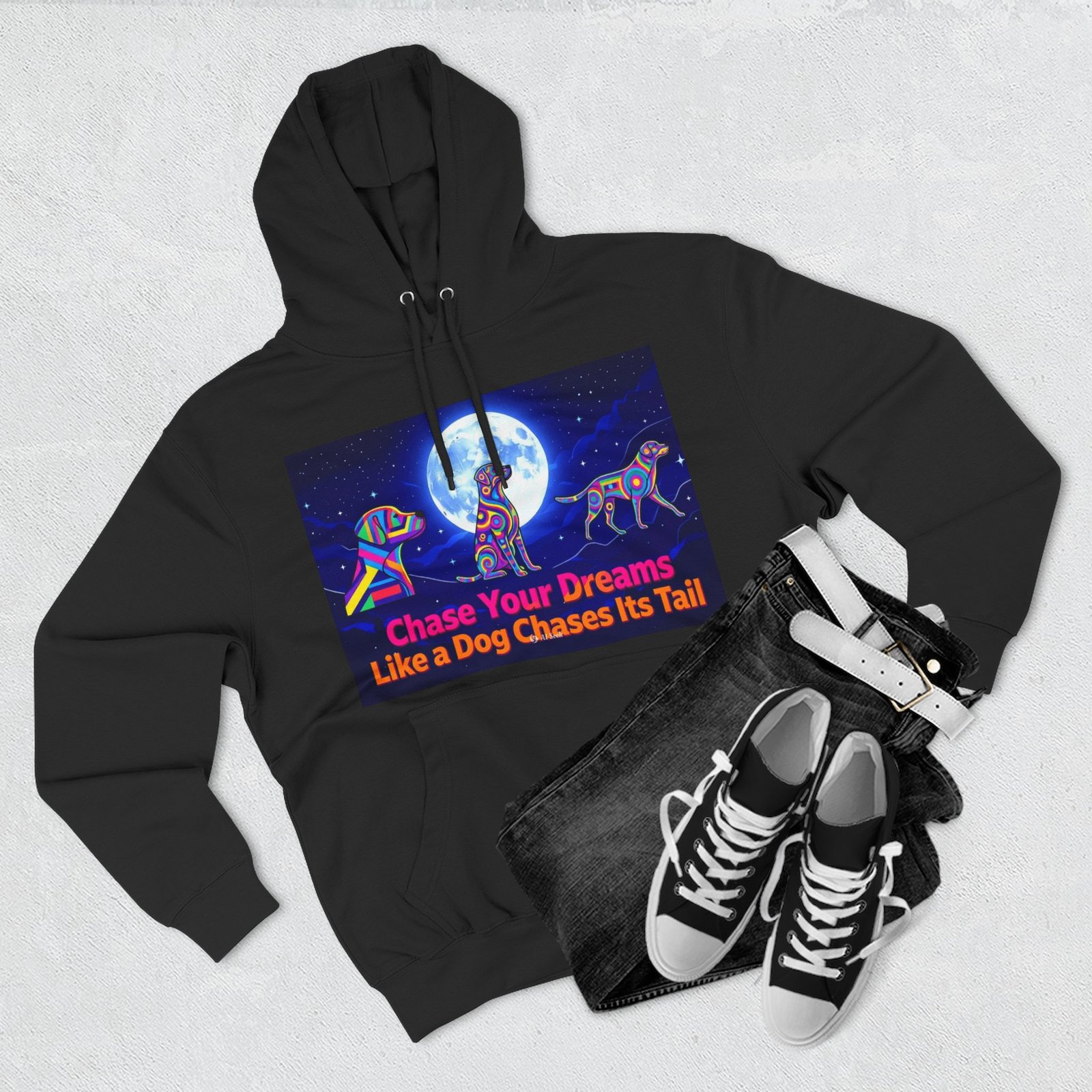 Chase Your Dreams Dog Graphic Hoodie — Colorful Moonlight Canine Motivational Pullover - Image 7