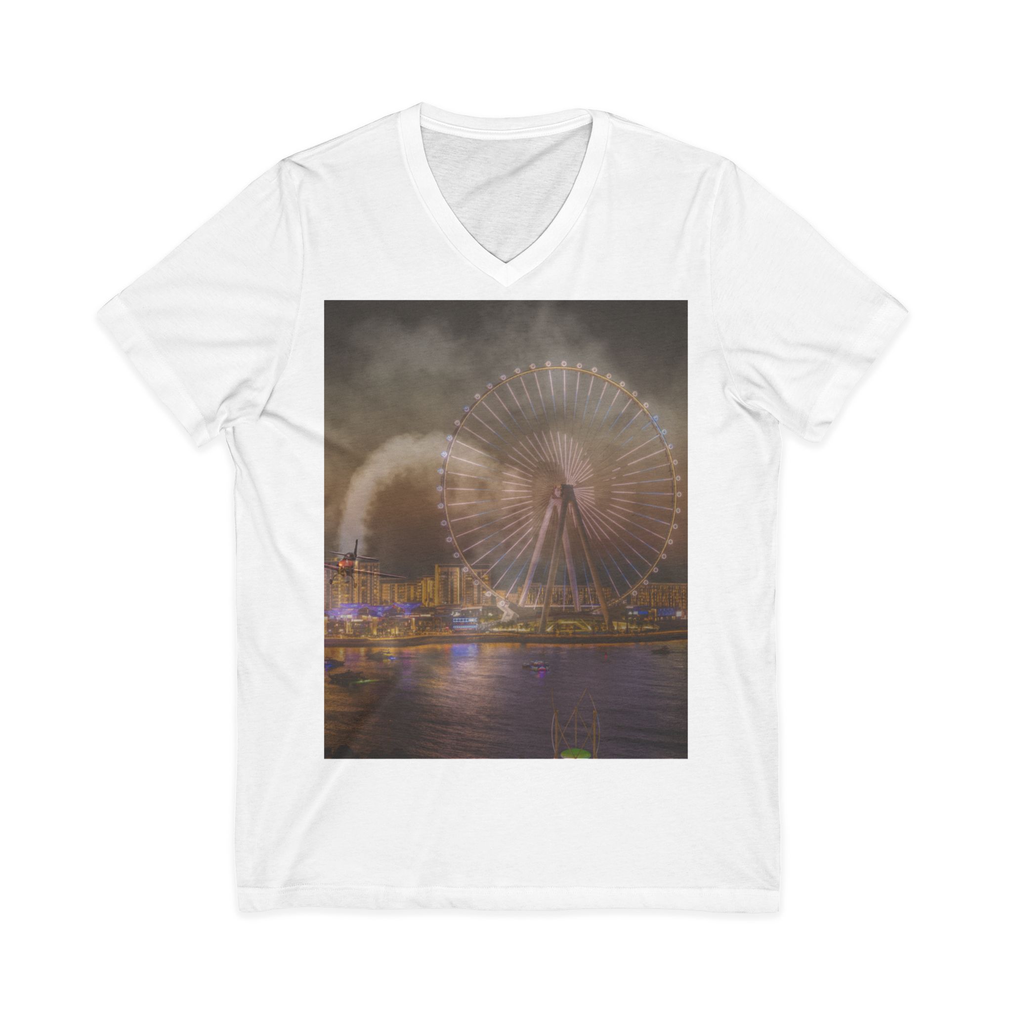 Ferris Wheel Nightscape V-Neck Tee — City Lights Ferris Wheel Sunset T-Shirt