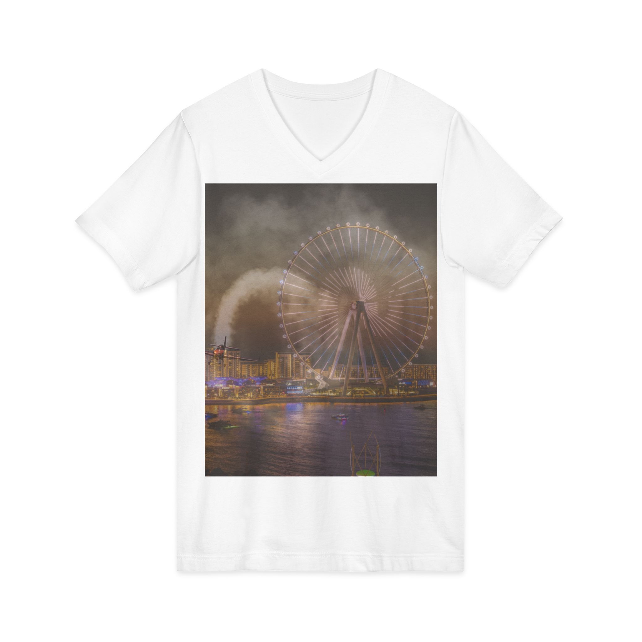 Ferris Wheel Nightscape V-Neck Tee — City Lights Ferris Wheel Sunset T-Shirt - Image 3