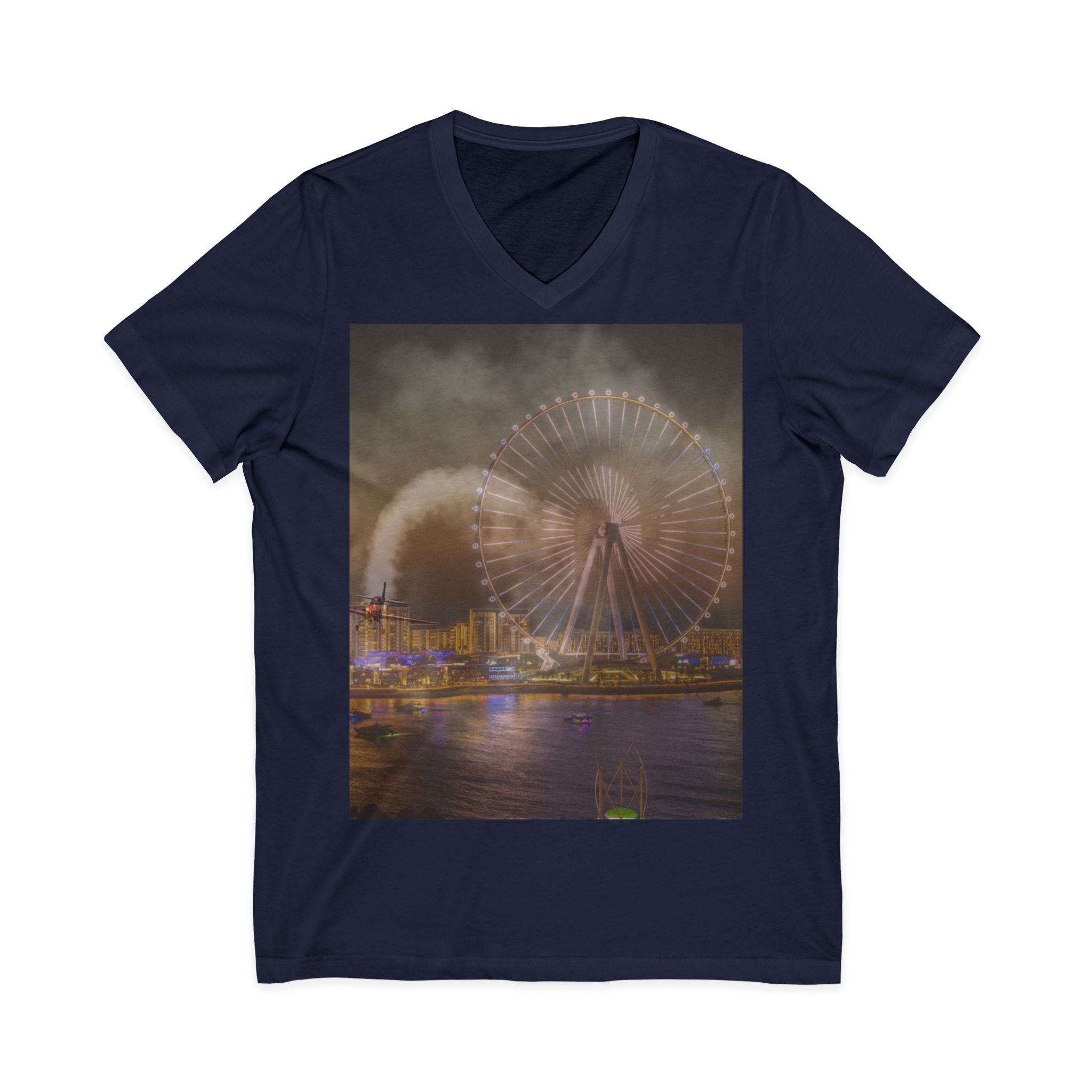 Ferris Wheel Nightscape V-Neck Tee — City Lights Ferris Wheel Sunset T-Shirt - Image 9