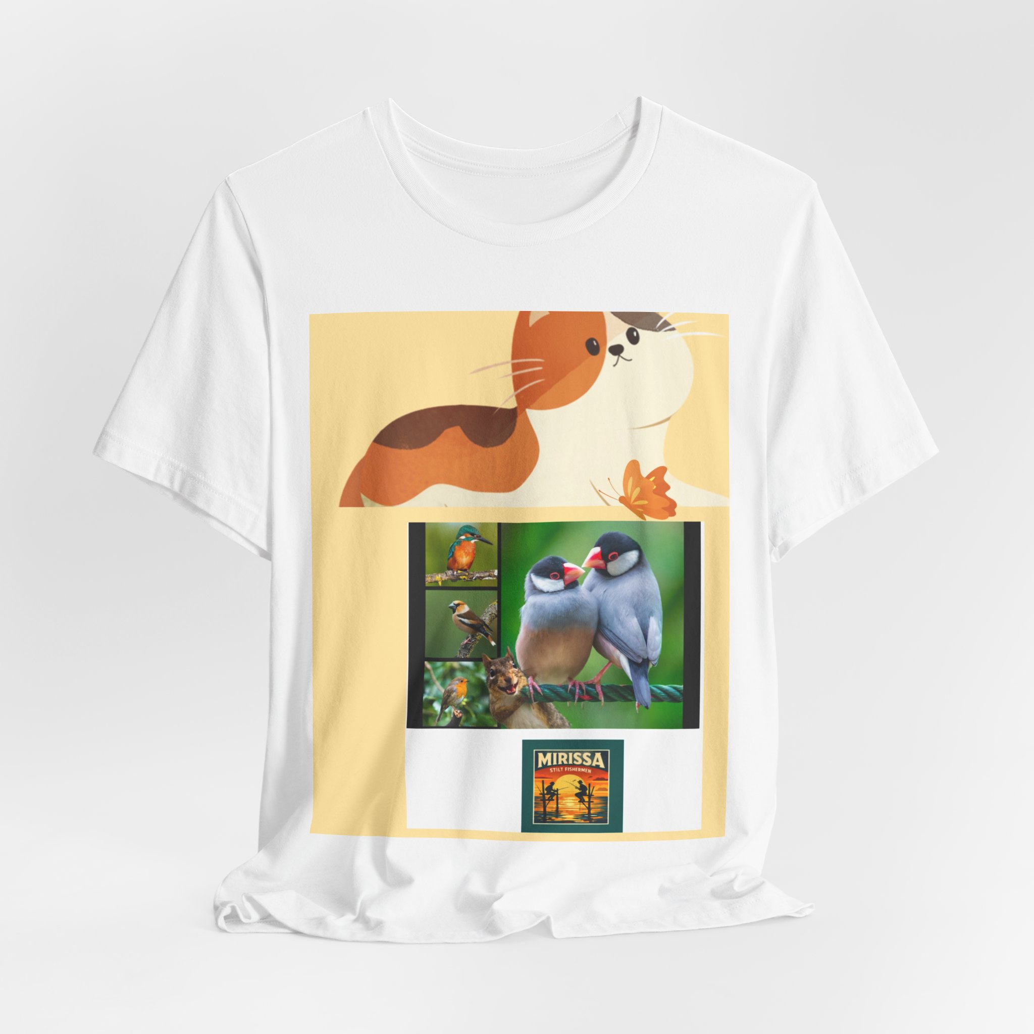 Bird & Cat Collage Tee — Cute Wildlife Graphic Shirt - Image 4