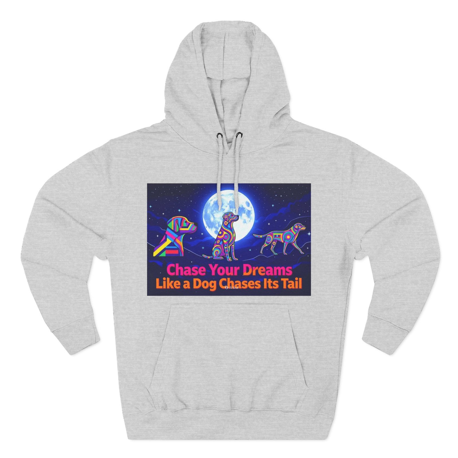 Chase Your Dreams Dog Graphic Hoodie — Colorful Moonlight Canine Motivational Pullover