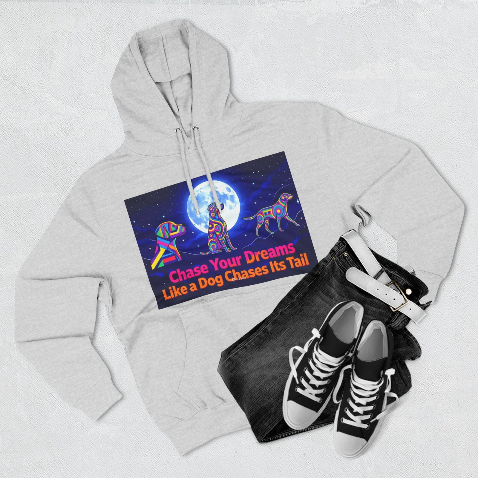Chase Your Dreams Dog Graphic Hoodie — Colorful Moonlight Canine Motivational Pullover - Image 3