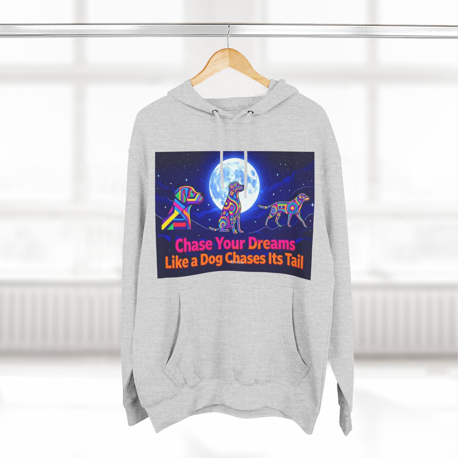 Chase Your Dreams Dog Graphic Hoodie — Colorful Moonlight Canine Motivational Pullover - Image 4