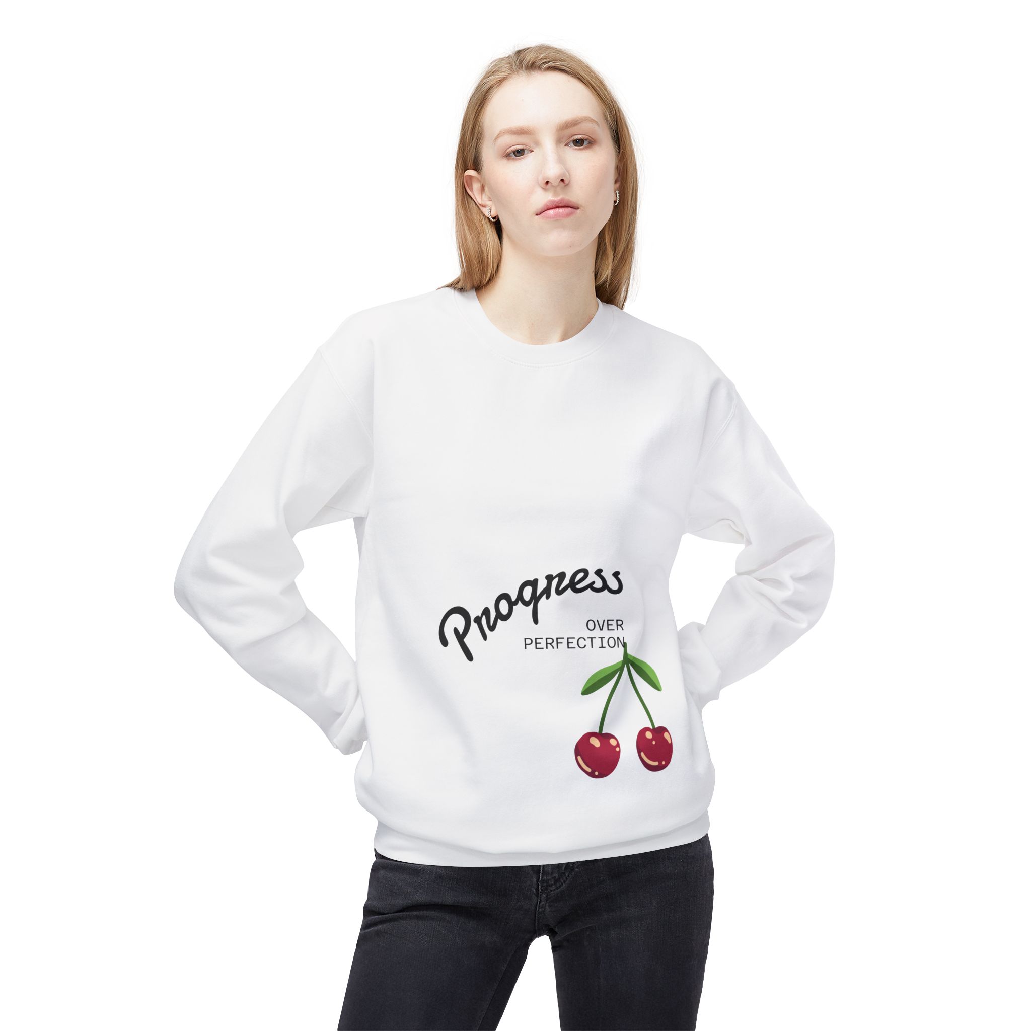 Sweatshirt — "Progress Over Perfection" Cherry Graphic Crewneck - Image 3