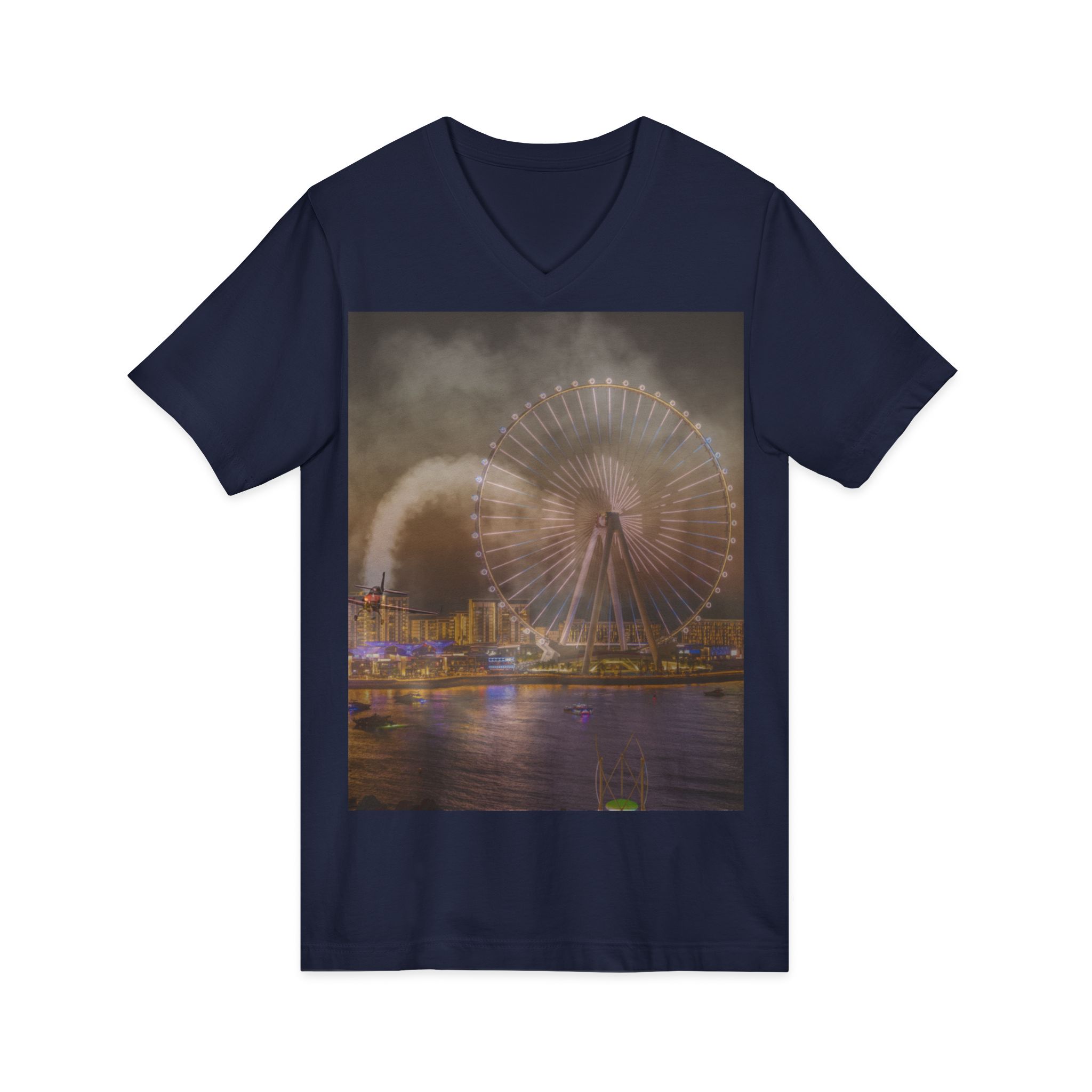 Ferris Wheel Nightscape V-Neck Tee — City Lights Ferris Wheel Sunset T-Shirt - Image 11