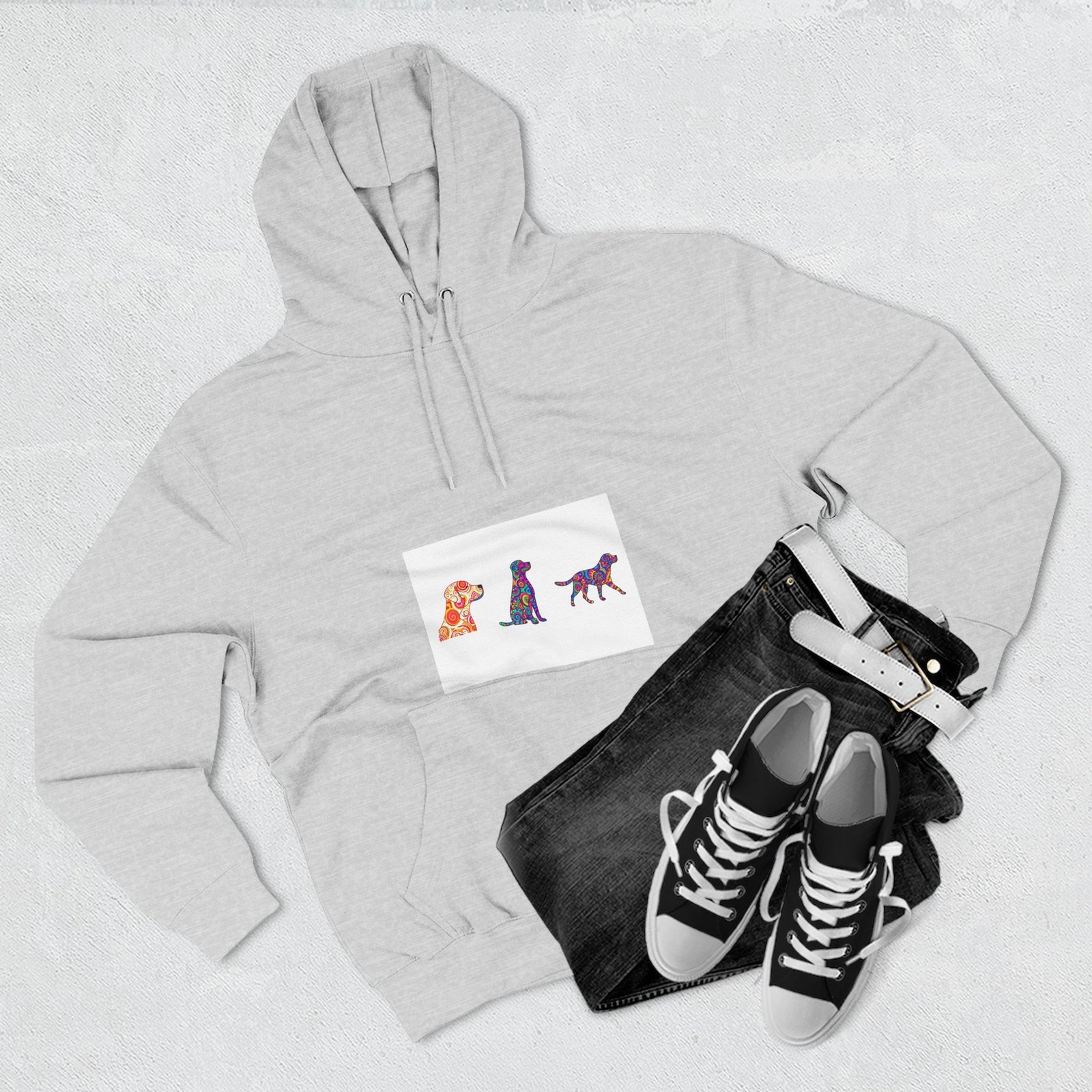 Dog Trio Hoodie — Colorful Watercolor Puppy Silhouette Fleece Sweatshirt - Image 3