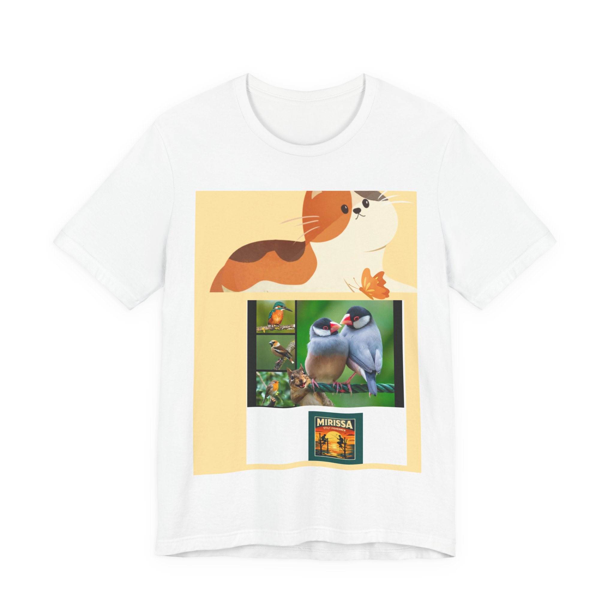 Bird & Cat Collage Tee — Cute Wildlife Graphic Shirt