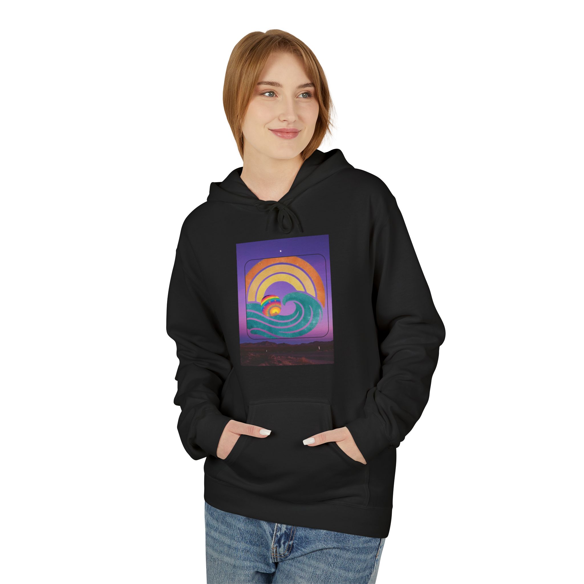 Retro Rainbow Surf Hoodie — Vintage Sunset Surfboard Graphic - Image 7