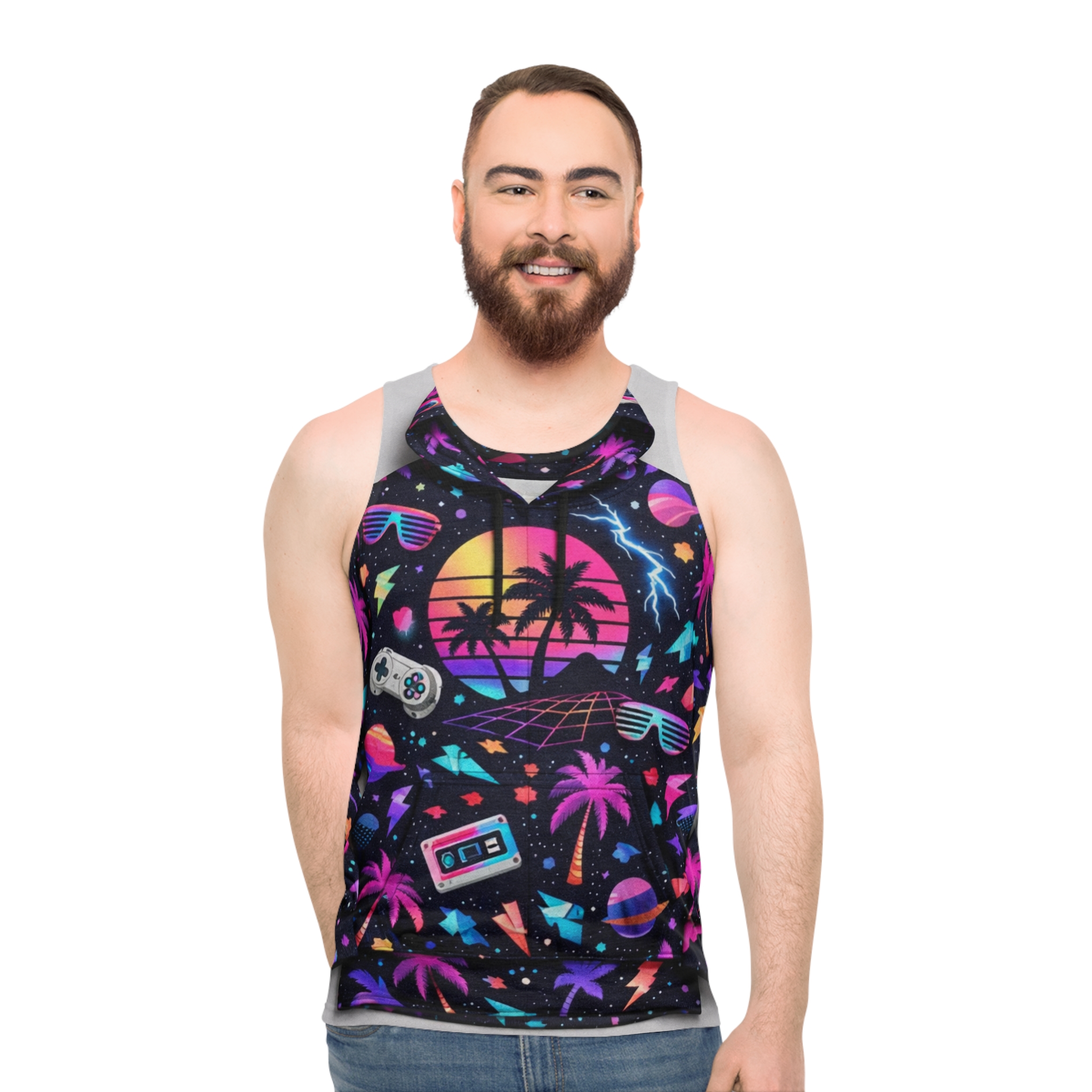 Retro Vaporwave Tank Top — 80s Neon Sunset Gaming Palm Trees - Image 3