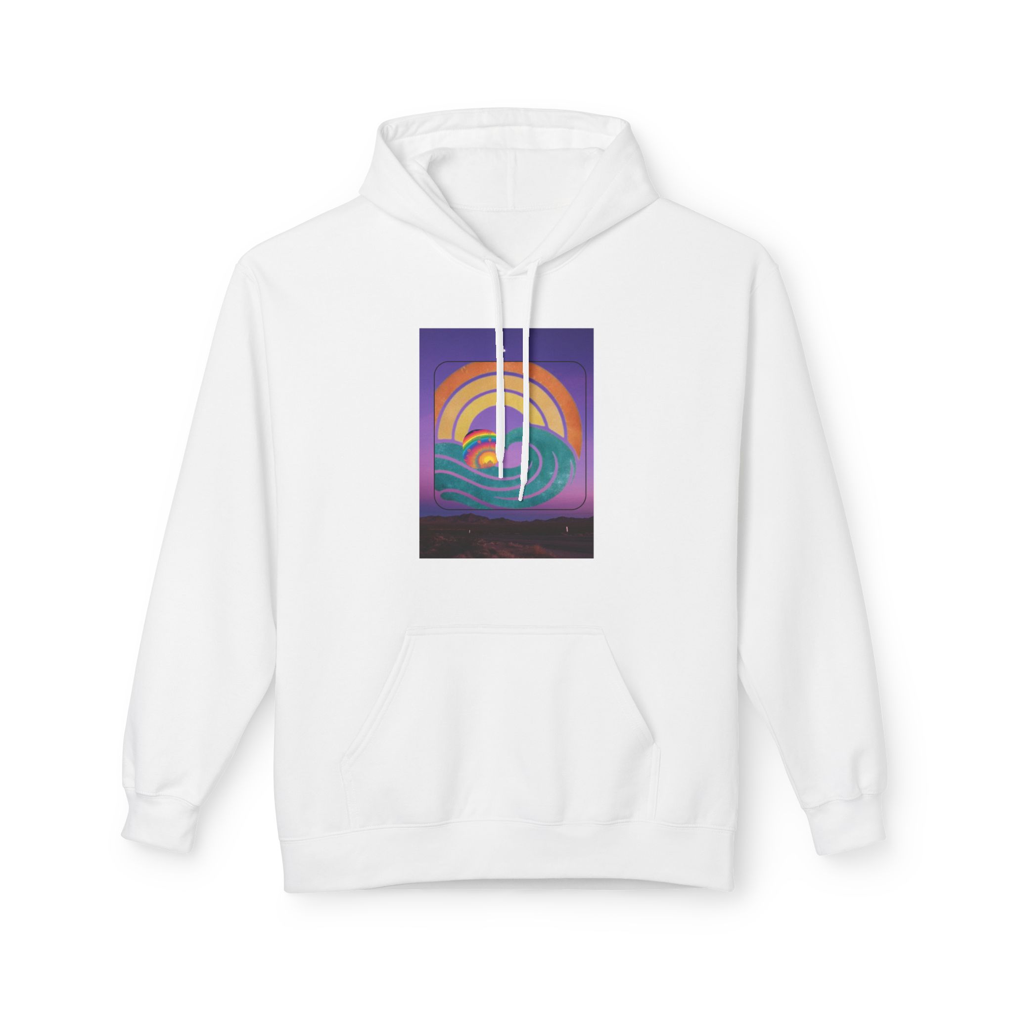 Retro Rainbow Surf Hoodie — Vintage Sunset Surfboard Graphic