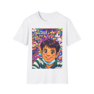 Colorful Cartoon Selfie T‑Shirt — Cute Kid & Unicorn Pop Art Tee