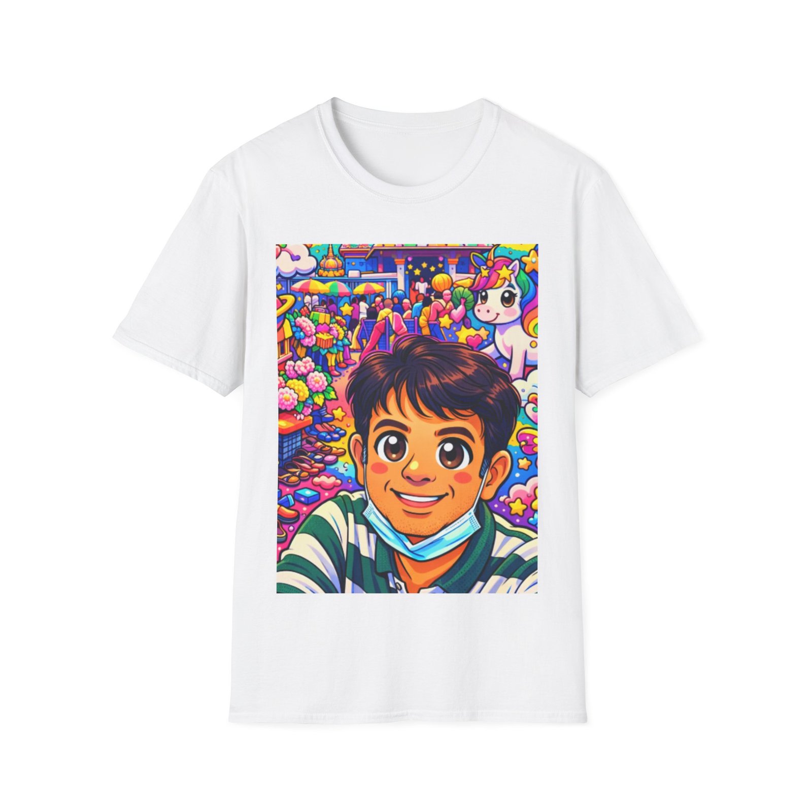 Colorful Cartoon Selfie T‑Shirt — Cute Kid & Unicorn Pop Art Tee