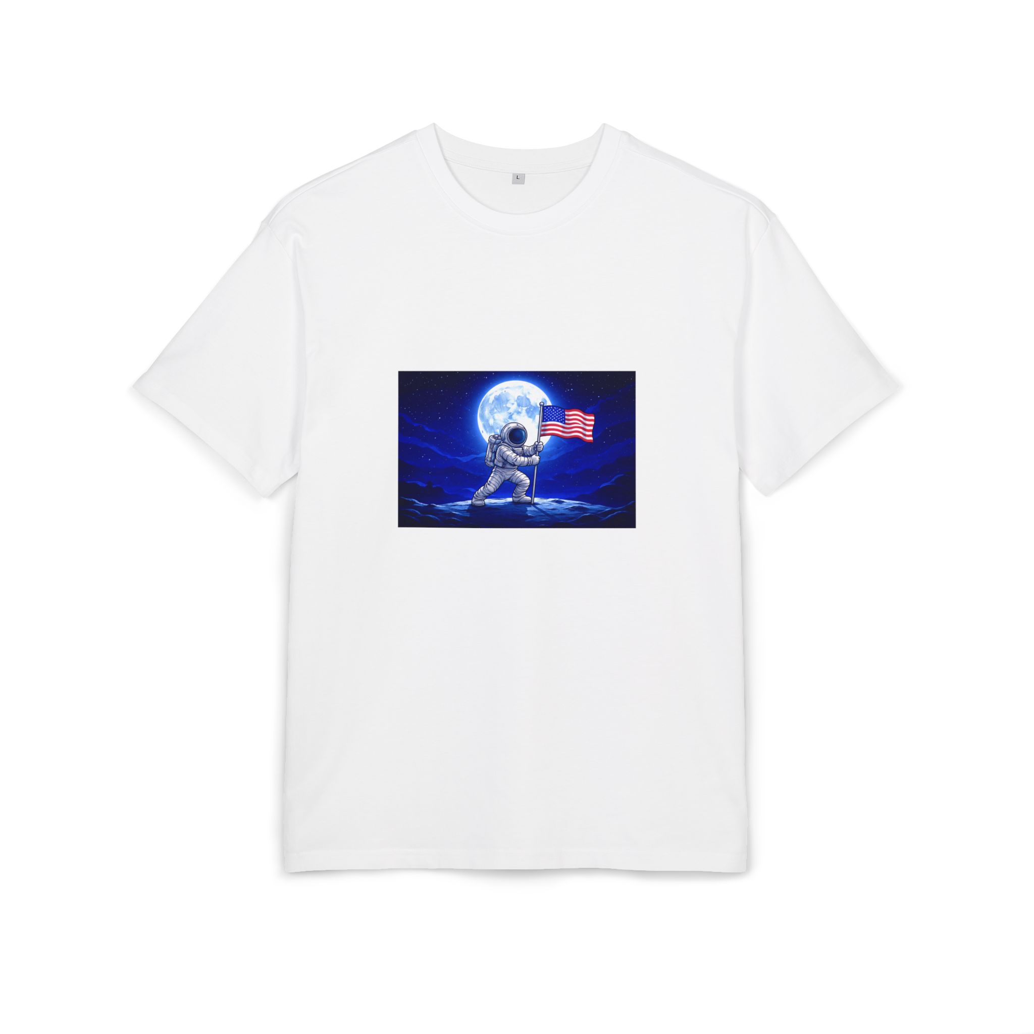 Astronaut with American Flag Tee — Retro Space Moon Graphic T‑Shirt
