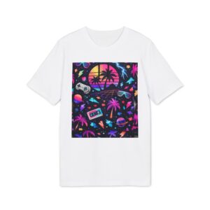 Retro Vaporwave T-Shirt — Neon 80s Synthwave Palm Trees & Cassette Design