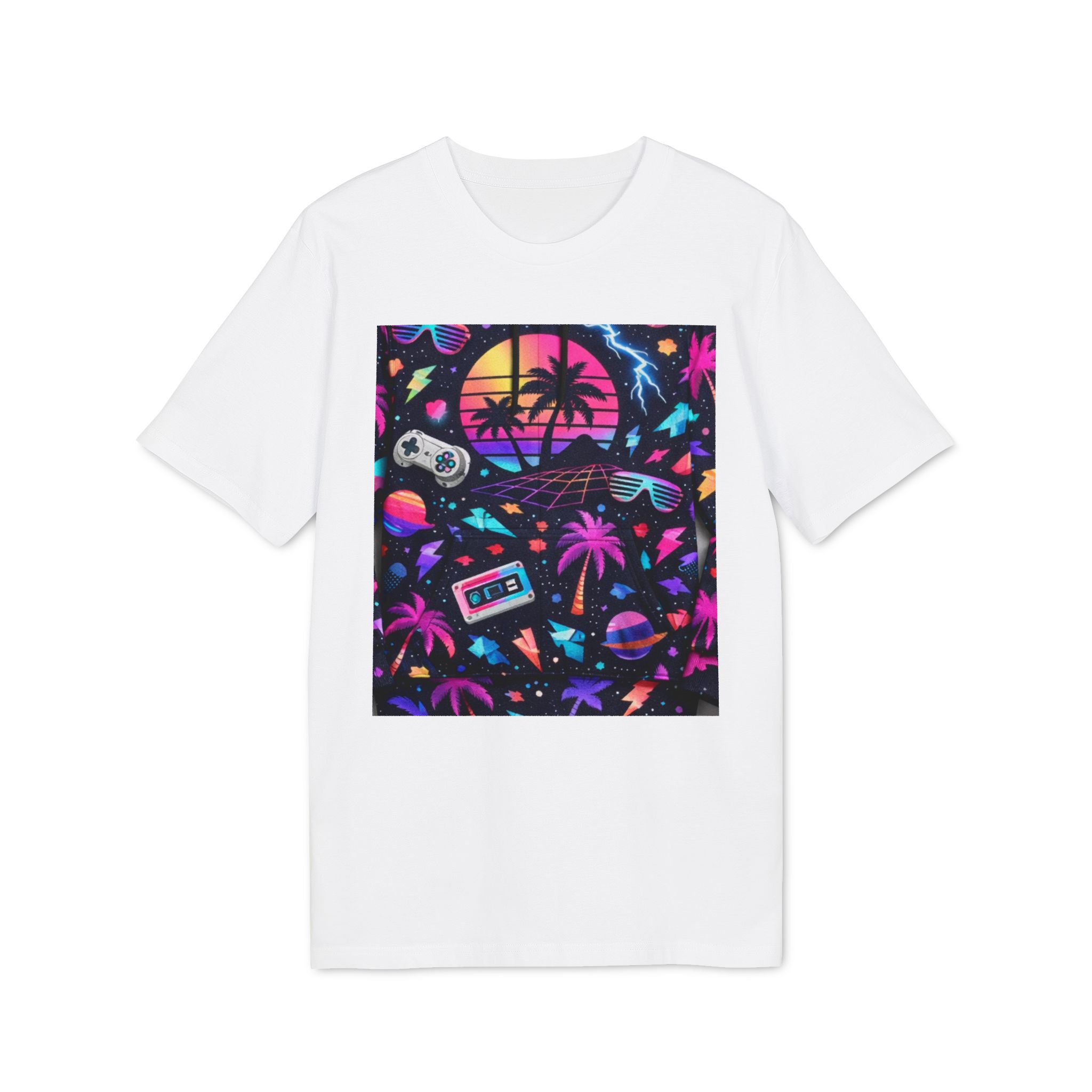 Retro Vaporwave T-Shirt — Neon 80s Synthwave Palm Trees & Cassette Design