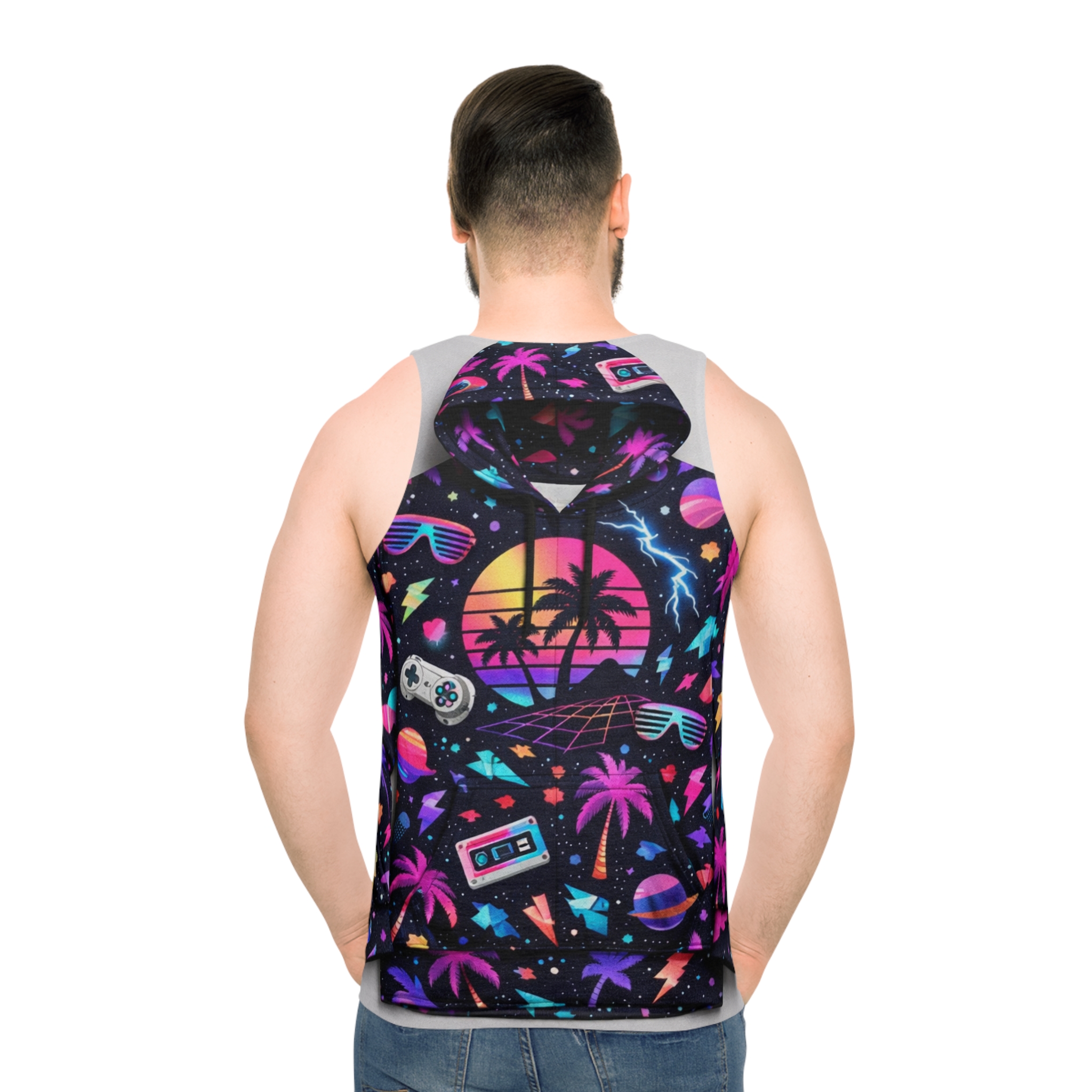 Retro Vaporwave Tank Top — 80s Neon Sunset Gaming Palm Trees - Image 4
