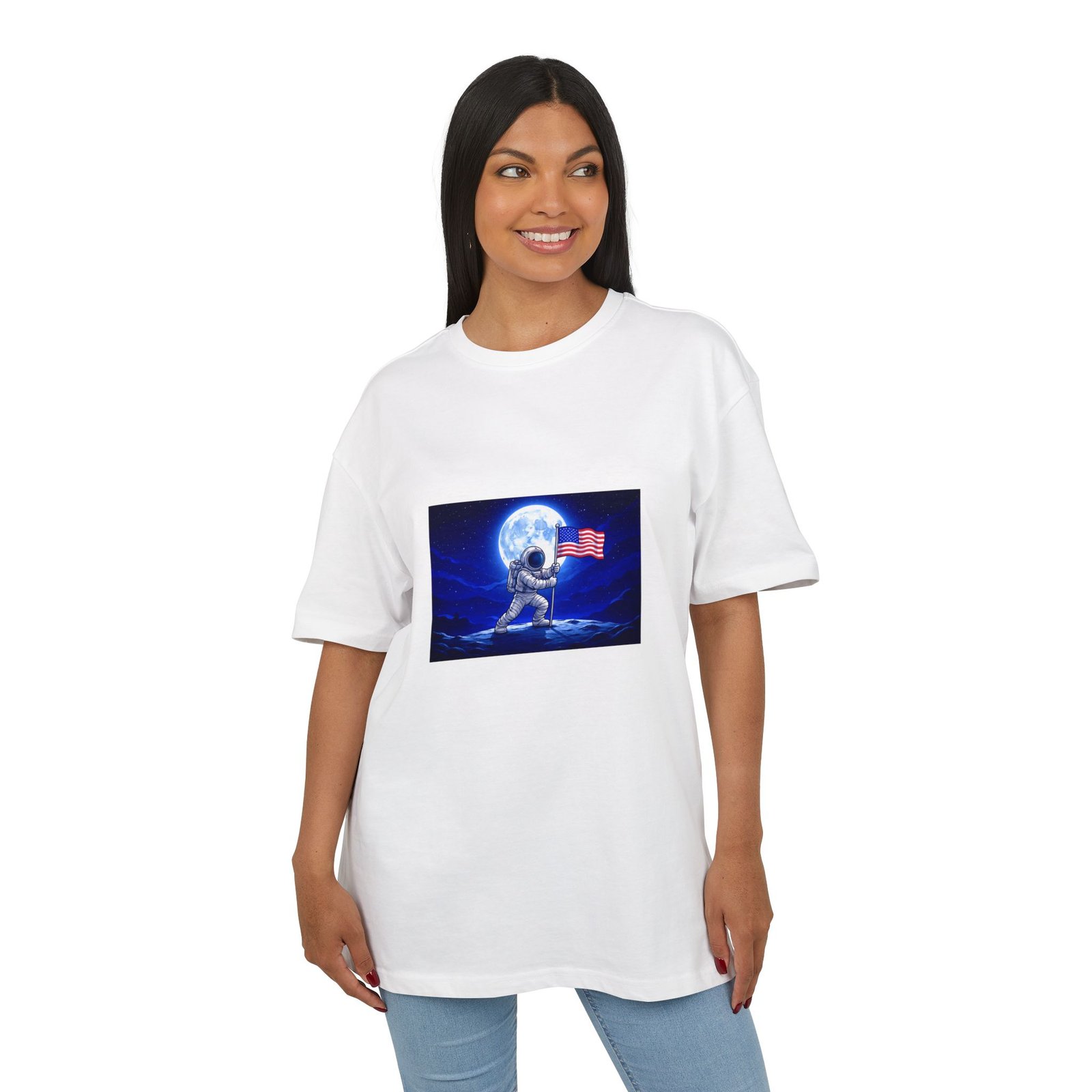 Astronaut with American Flag Tee — Retro Space Moon Graphic T‑Shirt - Image 3