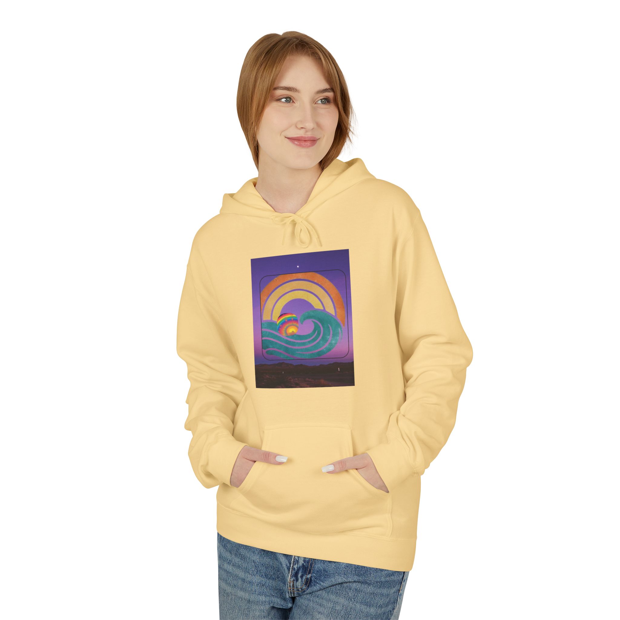 Retro Rainbow Surf Hoodie — Vintage Sunset Surfboard Graphic - Image 11