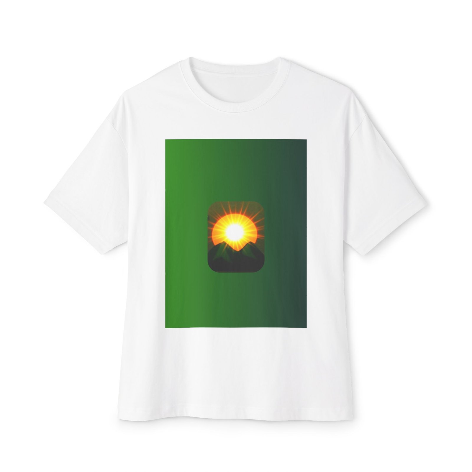 Sunrise Mountains Graphic Tee — Green Gradient Sunrise Design