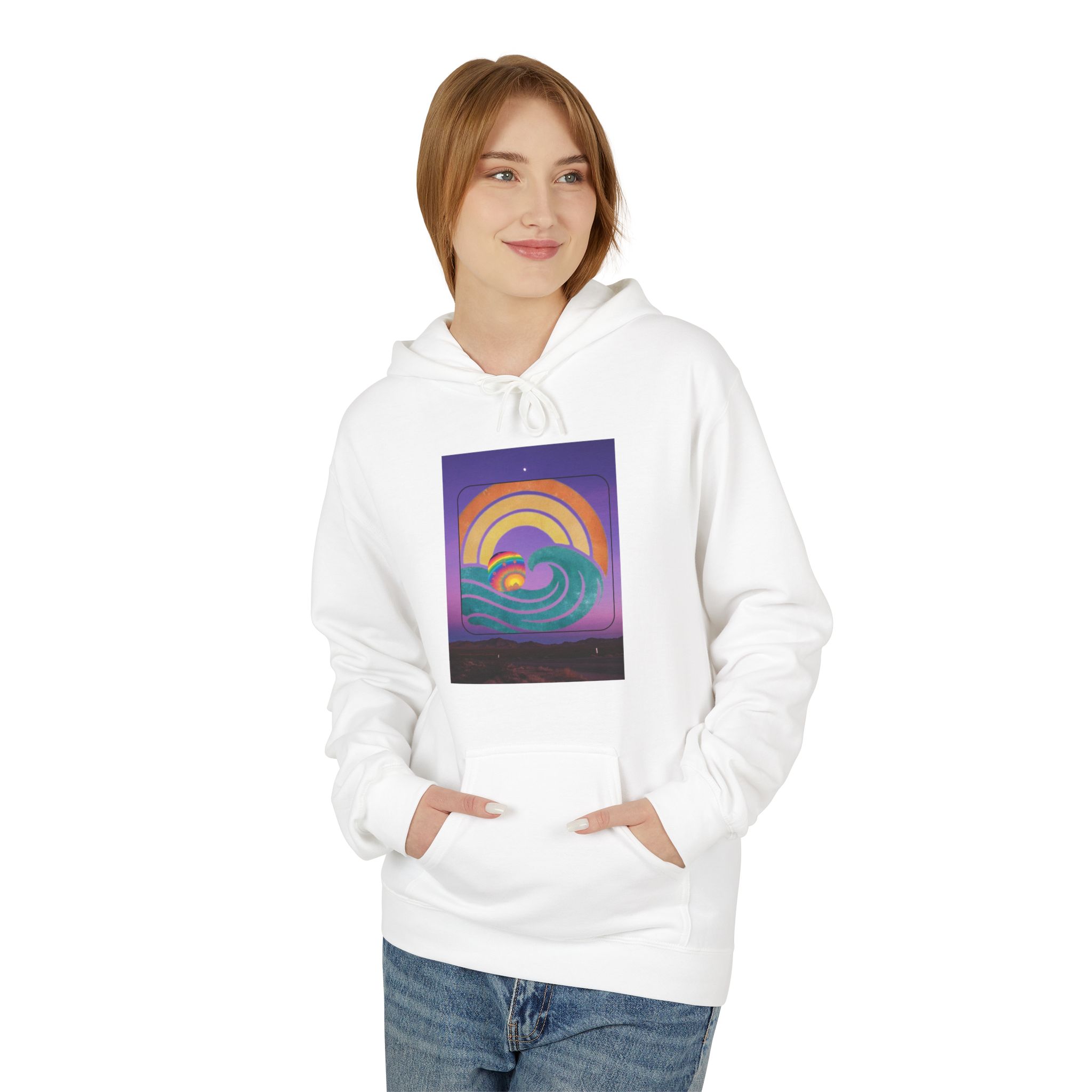 Retro Rainbow Surf Hoodie — Vintage Sunset Surfboard Graphic - Image 3